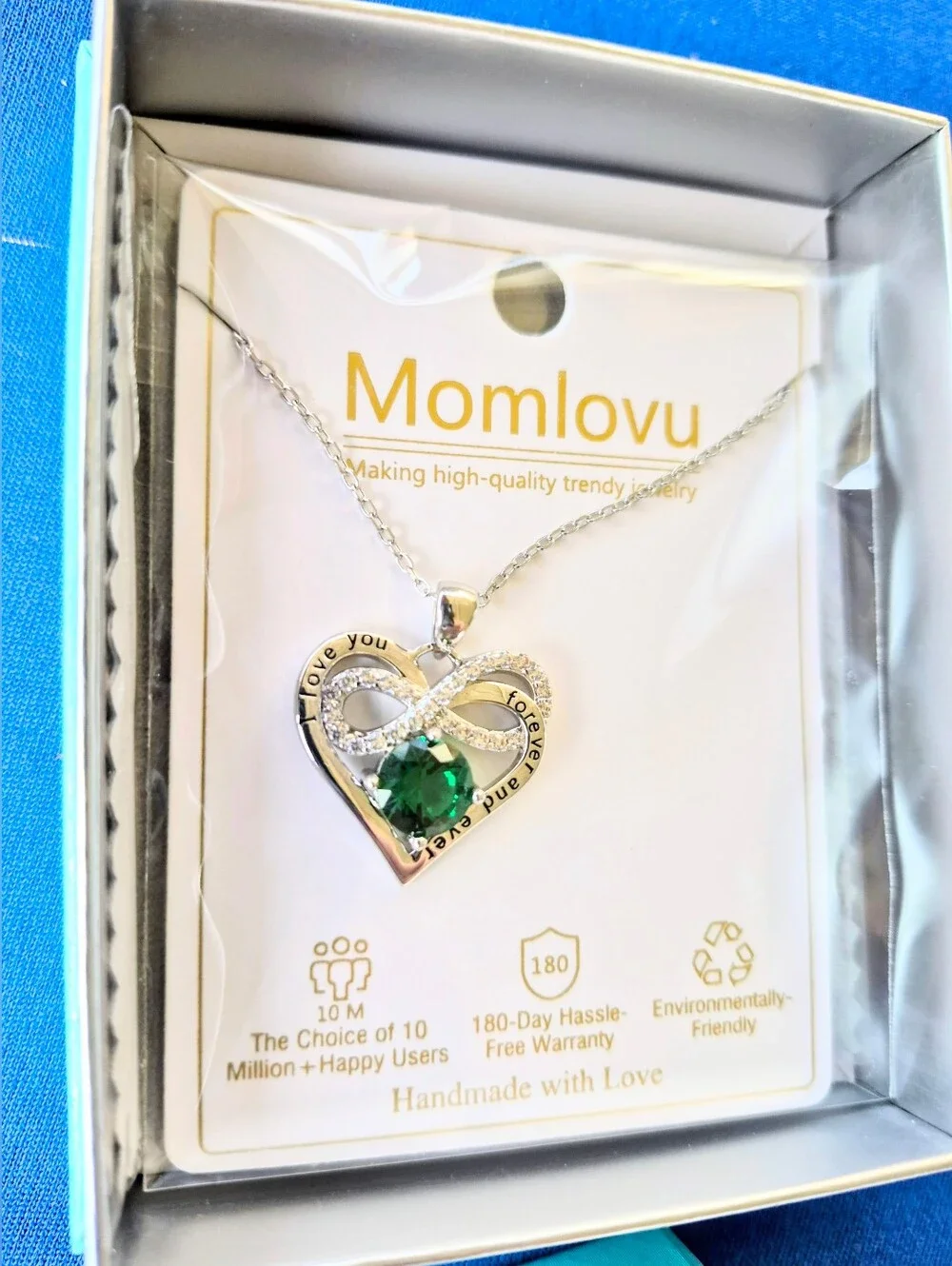 MOMLOVU 💎💚 Eternity Heart Necklace 💚💎 NEW & GIFT BOXED 🌟 Emerald & Silver